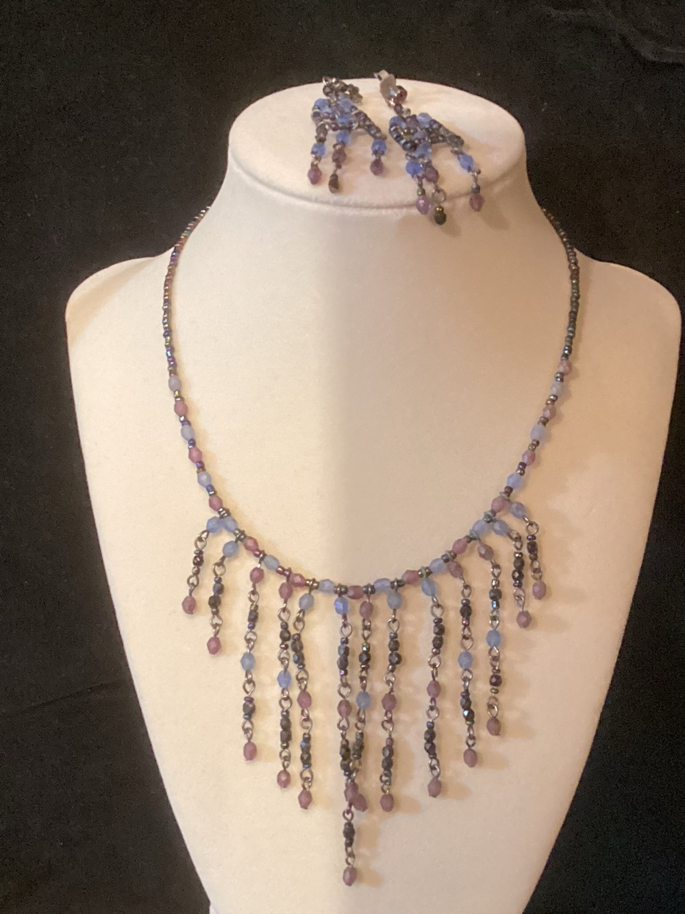 Handcrafted Blue & Purple Beaded Fringed Bib Necklace and Earring Set